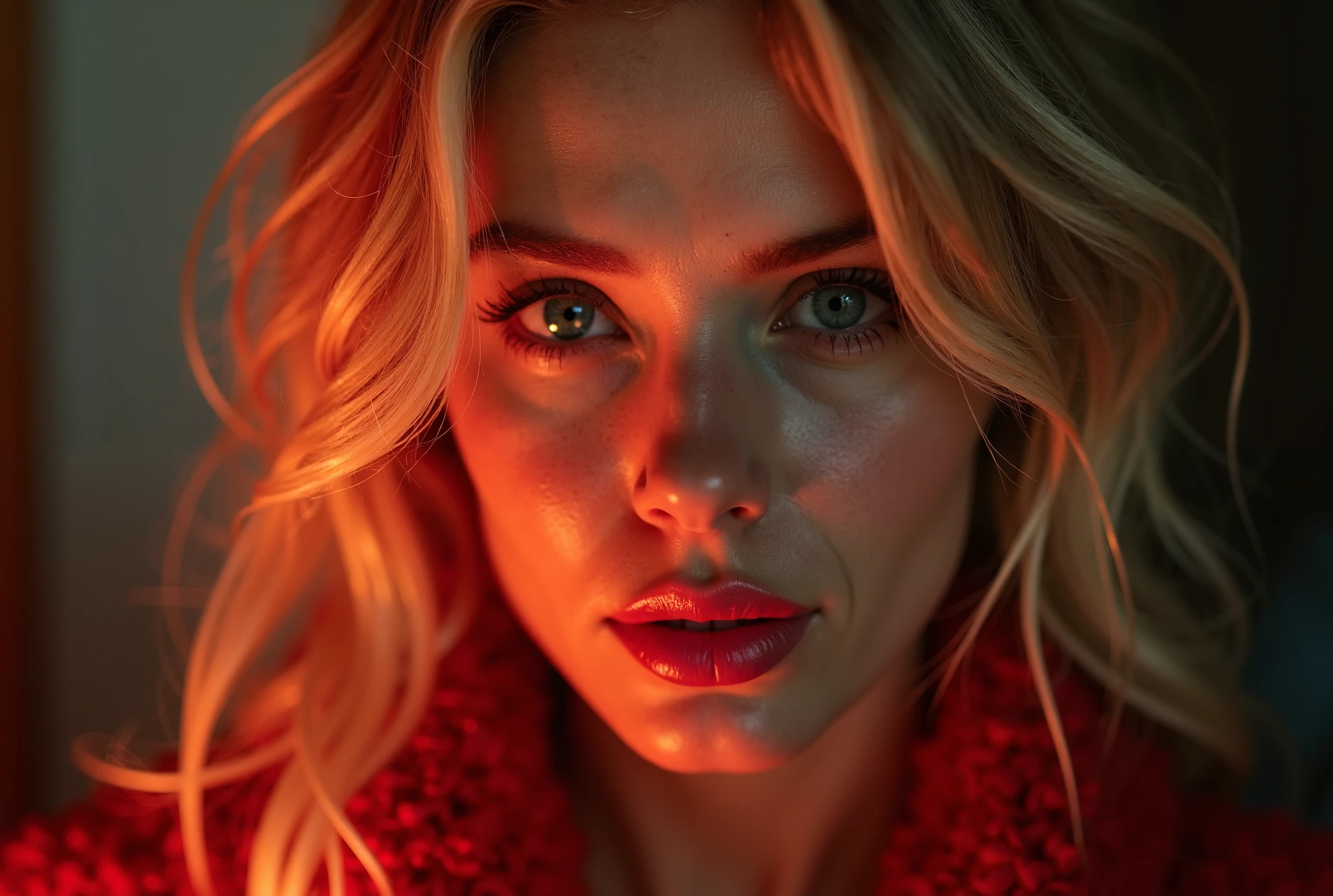(facial portrait:1.2), a woman (amber heard), red dress, blonde, lustful, extremely detailed eyes and face, beautiful detailed lips, longeyelashes, cinematic lighting, chiaroscuro, dramatic, moody, rich colors, luxurious, captivating, mesmerizing