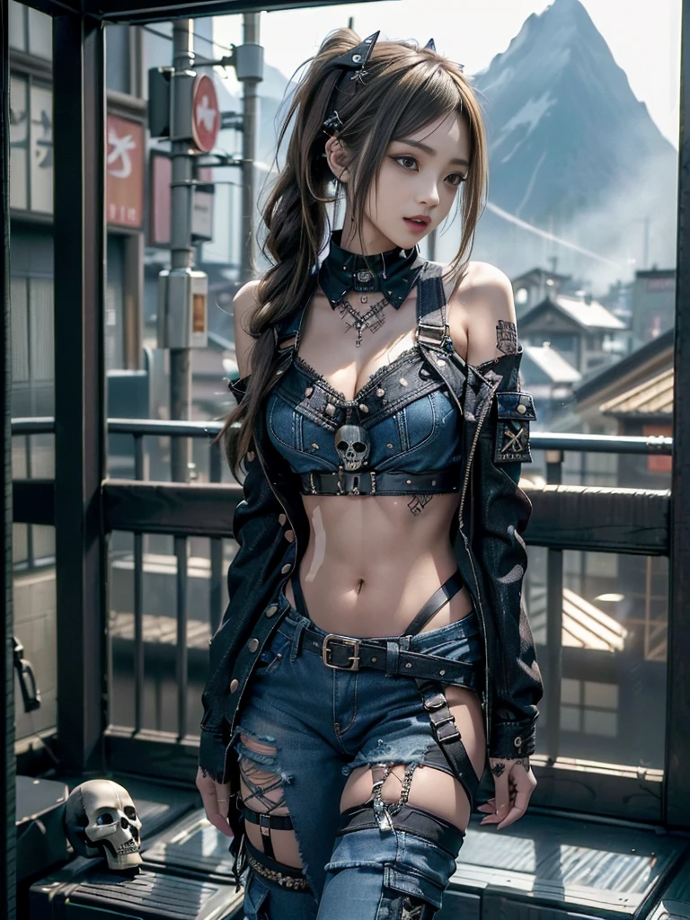 (Beautiful lips and nose:1.4)、(Long eyelashes:1.4)、(Smiling with teeth showing:1.3),(Shibuya Gal:1.5)、(Goth delicate embellished dress:1.5)、(Tattered denim and black punk rock cargo pants:1.5)、(Denim and black navy skull mark small jacket:1.4)、(denim garter belt:1.5)、(Black and denim knee socks:1.3)、(Skull Silver Accessories:1.5)、(Denim collar:1.3)、(Brown Skin Belt:1.4)、(Brown boots:1.2)、(The underwear is striped:1.4)、31 years old、((Highest quality、In 8K、masterpiece:1.3))、Sharp focus:1.2、(Layered Cut、Huge boobs:1.1),Beautiful woman with perfect figure:1.4、(Dancing vigorously:1.3)、Slender Abs:1.2、Highly detailed face and skin texture、Detailed eyes、double eyelid,(Twin tails:1.3)、(Brown-golden hair:1.3)、Gravure idol、(The background is a vast mountain with a clear view々Beautiful luxury resort destination in Europe:1.3)、(Slim Body:1.2),(Make your legs thinner:1.4),(clavicle:1.1)