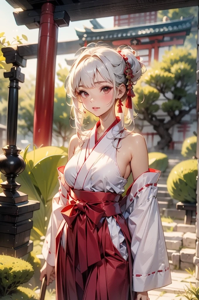 masterpiece, best quality, 1girl, white hair, medium breasts, Shrine maiden, white Shrine maiden clothing、red hakama, Separated sleeves, Exposed shoulders, have a broom, ruins, from front
