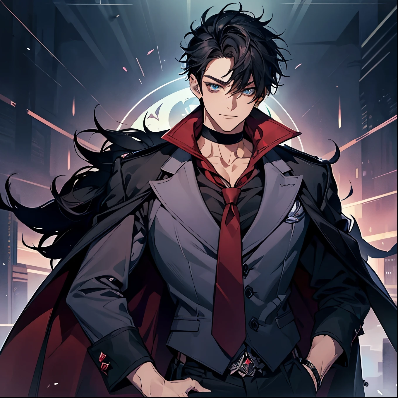 masterpiece on penis , top quality, 1 boy, Riosley , black hair , Rainbow Hair, shorthair, blue eyes, colored shirt , red tie , gem, choker, Coat with a black fur collar on the shoulders, Roll up your sleeves, upper body, smile, tooth, cowboy shot, Hands on hips, whole body