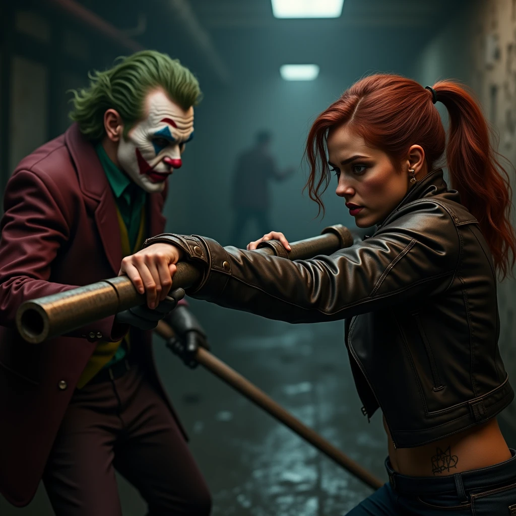 Harley quinn in action with joker dark aesthetic background at night
