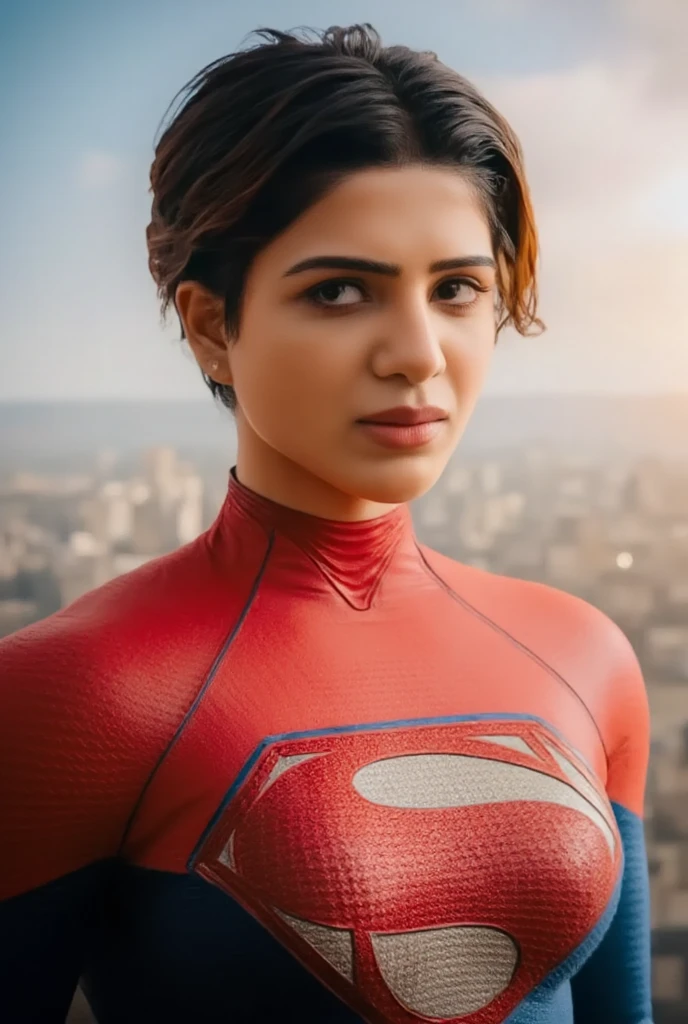 busty supergirl, superhero, beautiful detailed eyes, beautiful detailed lips, extremely detailed face and body, long eyelashes, blonde hair, heroic pose, tight bodysuit, flying, cityscape background, sun rays, cinematic lighting, dramatic atmosphere, photorealistic, 8k, ultra-detailed, (best quality:1.2), (realistic:1.37), concept art