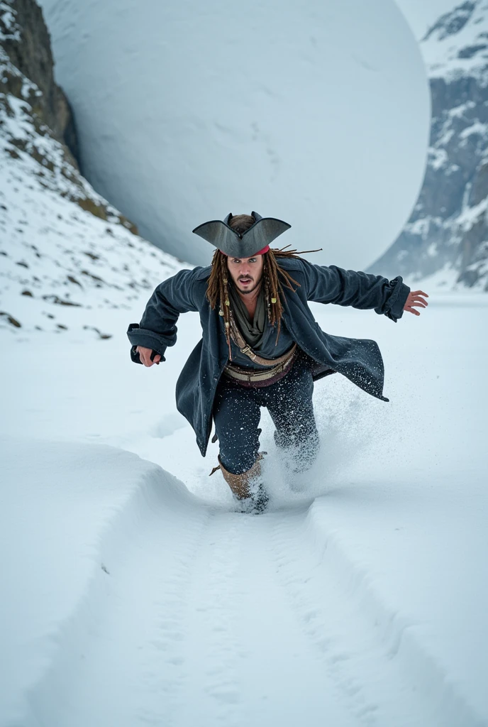 imagem de jack sparrow do filme "pirates of the caribbean"  on the right of the image with a hat ,  desperate face , scared, wide-eyed, wide-eyed, He's splashing snow everywhere ,  he is running a lot with folded arms and legs leaving perfect footprints in the snow just behind his feet making a path to the horizon, There's a giant round snow ball far away and coming down the mountain and running after it