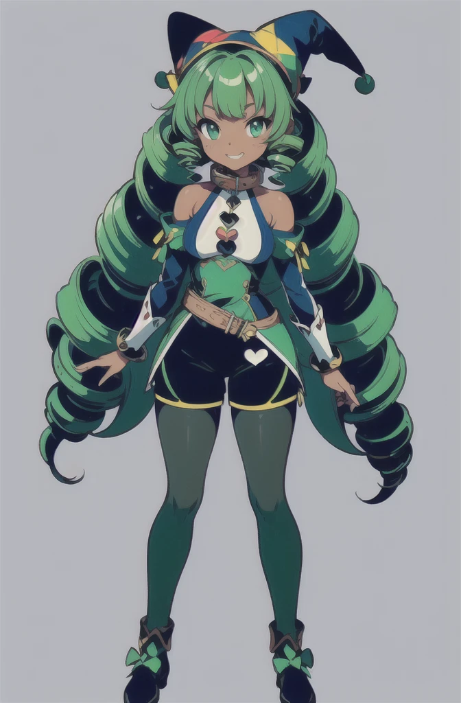 (masterpiece, ultra-detailed, high resolution, best quality:1.2), (Cel-shaded anime style drawing, simple background, plain background, RPG character, concept art), (full body, 1girl, loli), ((wave drill hair:1.2), long wavy drill hair that flows down to the waist, green hair), (dark skin:1.5), (bare shoulders, her arms have long false sleeves, puffy cuffs), (halter neck, tight fitting clothes, tight fitting high waist shorts, pantyhose), (medieval Jester outfit:1.2), (jester hat:1.2), (Blue-Green outfit, accent colors), (cute smile, green eyes, collar)