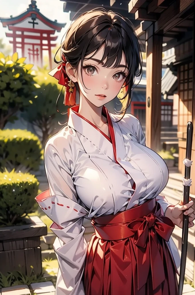 masterpiece, best quality, 1girl, white hair, large breasts, Shrine maiden, white Shrine maiden clothing、red hakama, Separated sleeves, Exposed shoulders, (have a broom,while cleaning), ruins, from front
