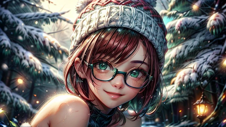 Short,  red hair ,  green eyes ,  metal-framed glasses, green, knitted hat,  bare shoulders are visible, smiling girl in the background of snowfall in the forest.