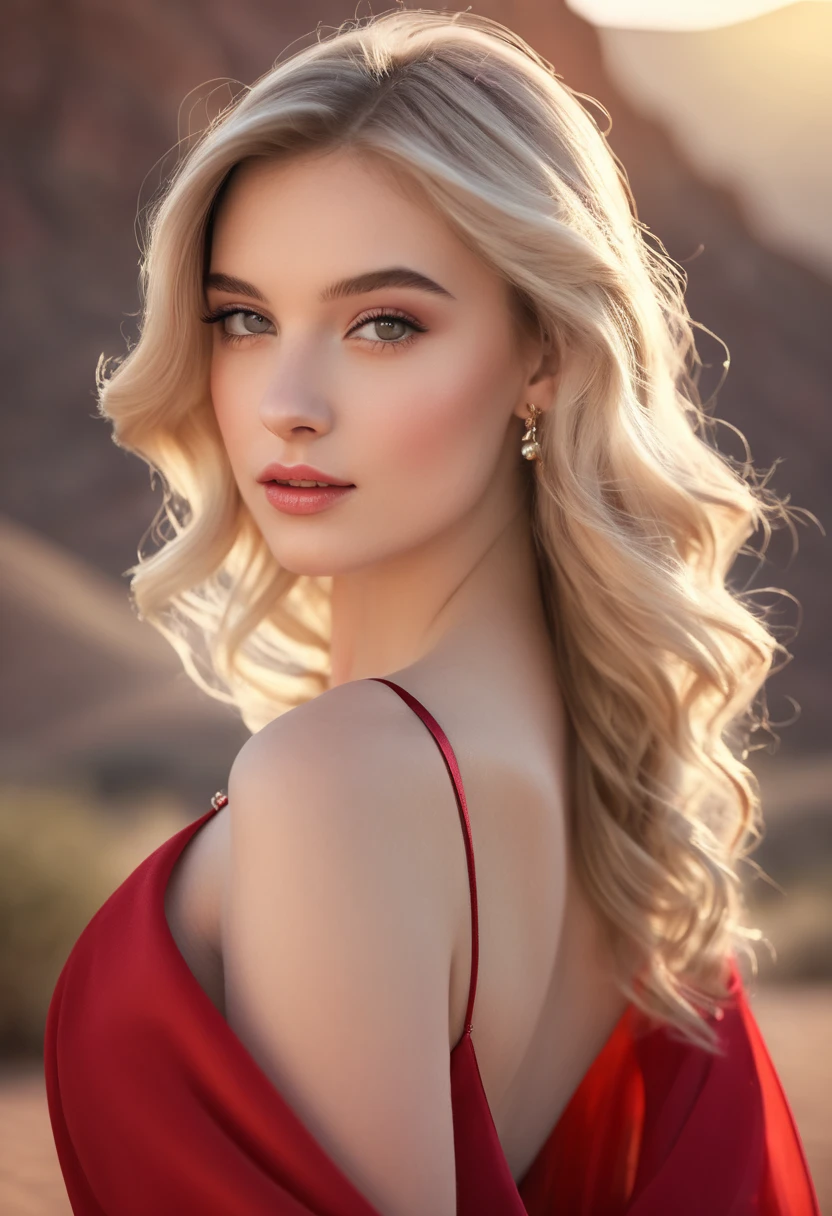 1girl in, age19, Solo, Long wavy hair, messy wind blown hair, blondehair, Full body, Colossal , (extremely detailed 8k wallpaper), soft lighting, high quality, film grain, Fujifilm XT3 sharp focus, f 5.6, 50mm, High Detail, Sharp focus,(natural light), (seductive), night dress, red silk dress, skimpy, Realistic, A sexy