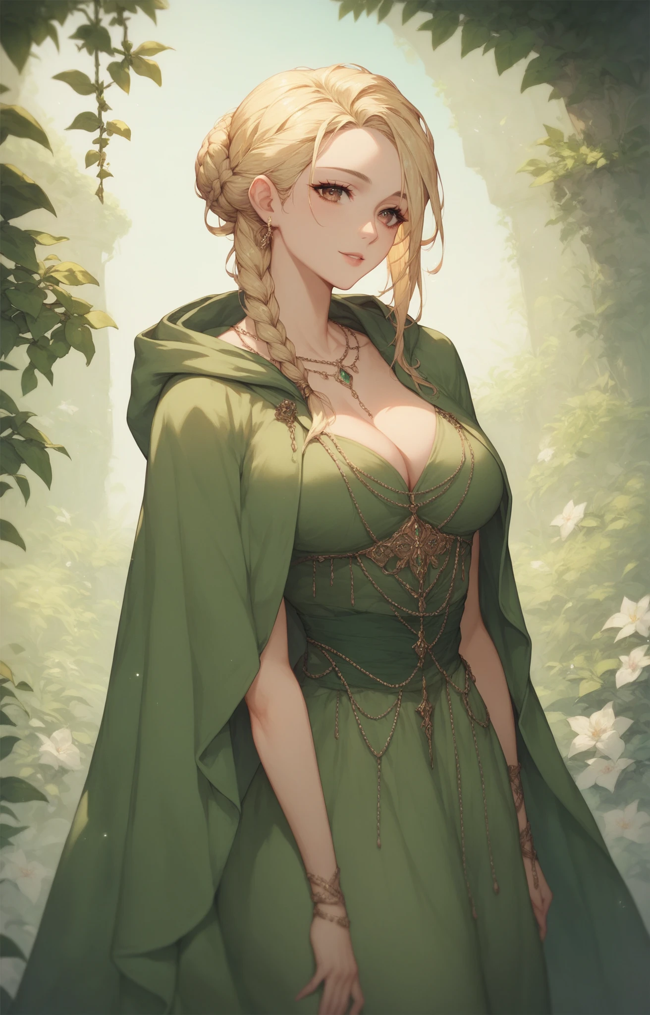 (masterpiece: 1.2), (best quality: 1.2) 1 woman, elf woman, mature, tall (1.85), looked to be about 28 years old, she had long golden hair (gold), hair straight and shiny with Korean bangs, green eyes like the most beautiful emerald, ultra realistic eyes, super detailed eyes, eyes well proportioned to your face, extremely detailed eyes, perfect eyes, extremely realistic eyes, well-aligned eyes, long eyelashes, anime style , slightly pointed ears, ears well proportioned to your face, ultra detailed ears, perfect ears, perfect face, face that looks around 25 years old, full lips, smiling, mature, fair skin, natural body, sexy body, milf body, posing from the front with her arms crossed, perfect hands, detailed hands, hands well proportioned to her body, realistic hands, arms with good anatomy, she was only wearing an immaculate emerald green dress that still failed to hide her huge and large breasts that drooped due to to her size, thick thighs, wide hips, looking at the viewer, background setting, setting in an elven forest with wooden houses in the background, posing alone looking at the viewer