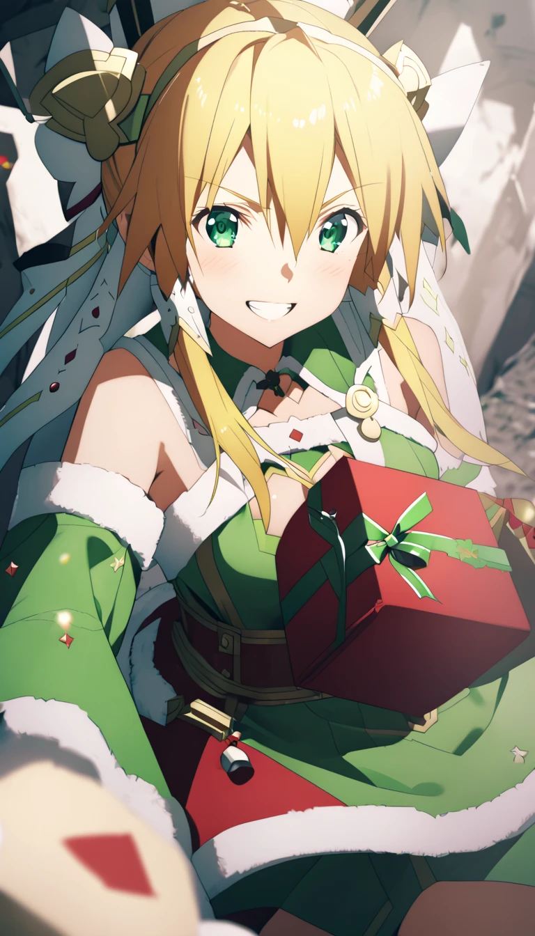 Leafa wearing Christmas outfit , wink, sword art online,  offering a gift to the front, happy smile