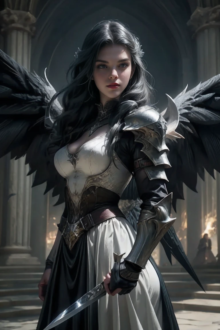 a woman in armor holding a sword and a sword, angel knight gothic girl, villainess has black angel wings, detailed fantasy art, angel knight girl, epic fantasy art style hd, 4k fantasy art, dark armor, stunning armor, hd fantasy art, deathknight, 8k fantasy art, highly detailed fantasy art, wow 4 k detail fantasy, dark angel