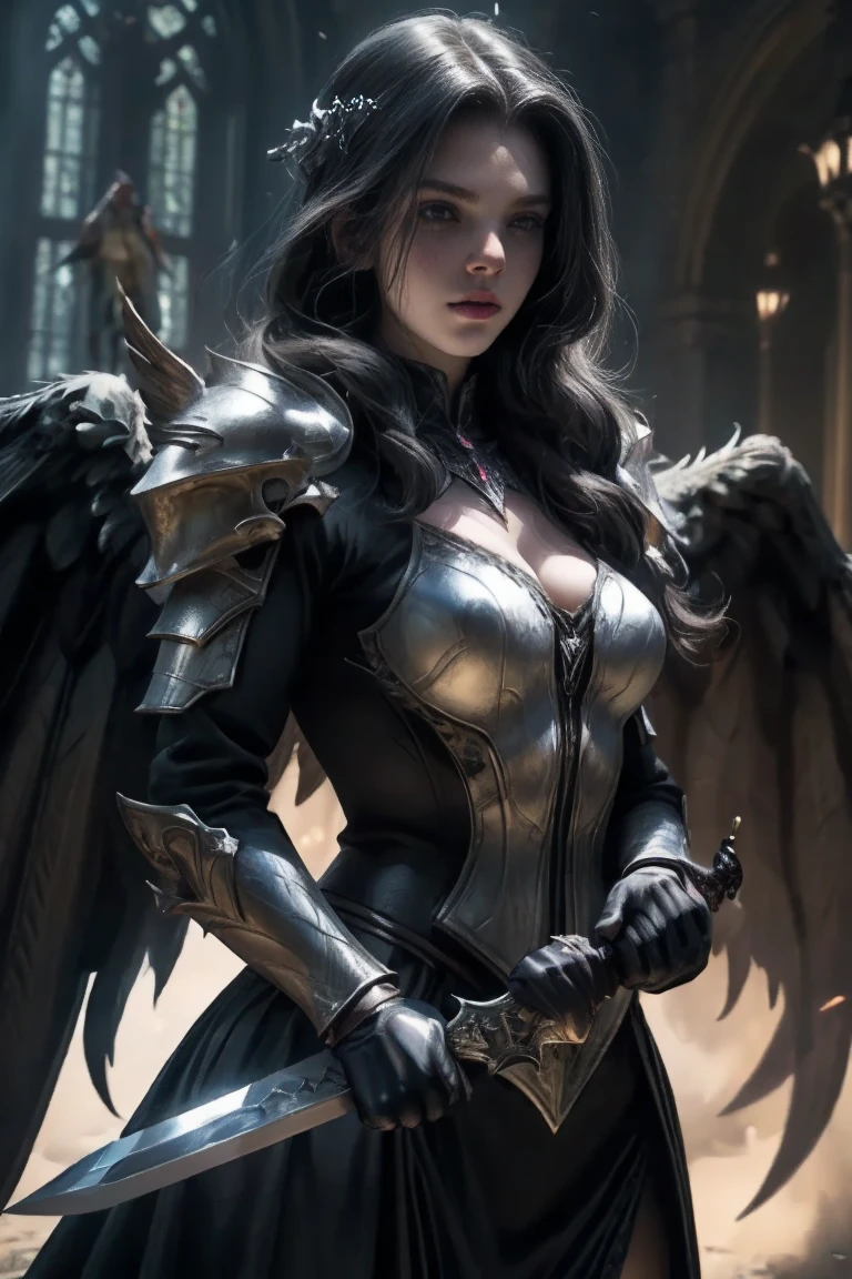 a woman in armor holding a sword and a sword, angel knight gothic girl, villainess has black angel wings, detailed fantasy art, angel knight girl, epic fantasy art style hd, 4k fantasy art, dark armor, stunning armor, hd fantasy art, deathknight, 8k fantasy art, highly detailed fantasy art, wow 4 k detail fantasy, dark angel