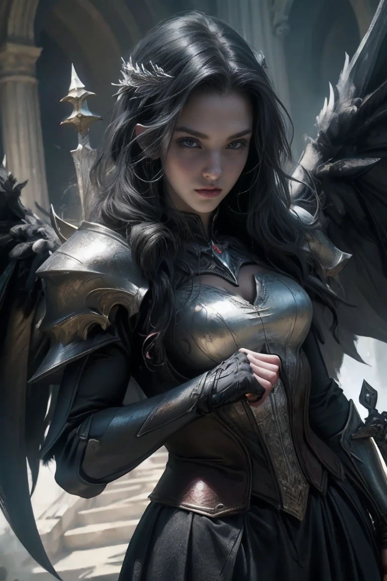 a woman in armor holding a sword and a sword, angel knight gothic girl, villainess has black angel wings, detailed fantasy art, angel knight girl, epic fantasy art style hd, 4k fantasy art, dark armor, stunning armor, hd fantasy art, deathknight, 8k fantasy art, highly detailed fantasy art, wow 4 k detail fantasy, dark angel