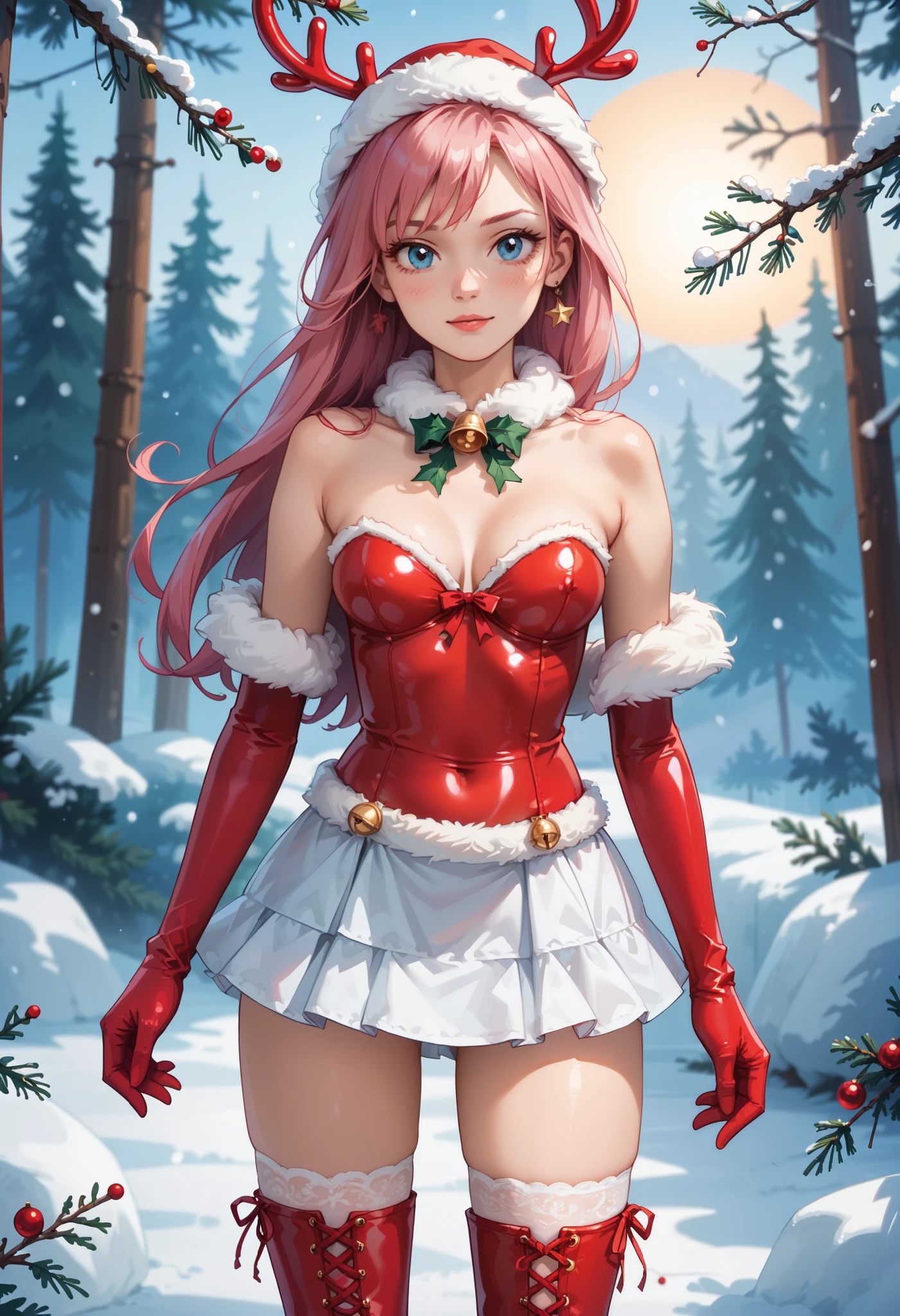 score_9, score_8_up, score_7_up, a beautiful double exposure that combines an goddess silhouette, sunrise at winter forest, blurred sun, masterpiece, best quality, highres, realistic, best quality, pastel colours, petite anime, innocente girl, thin, fragile, narrow shoulders, very young girl, pink hair girl, huge blue eyes, olya, prostokvashino cartoon character, 1girl, solo, zal, AniPnyXLQual, show accurate equestria girls, vector, flat colors, middle size breasts, slender girl, seductive, cute eyes, looking at viewer, 4fingers, bottom view, christmas outfit, short red fur coat with white fur trim, white latex blouse and narrow mesh leather bodice, with a luxurious lace pattern, red latex micro skirt with white lace trim, tight micro skirt, tight gloves, white stockings and high red latex boots with white lacing on high heels