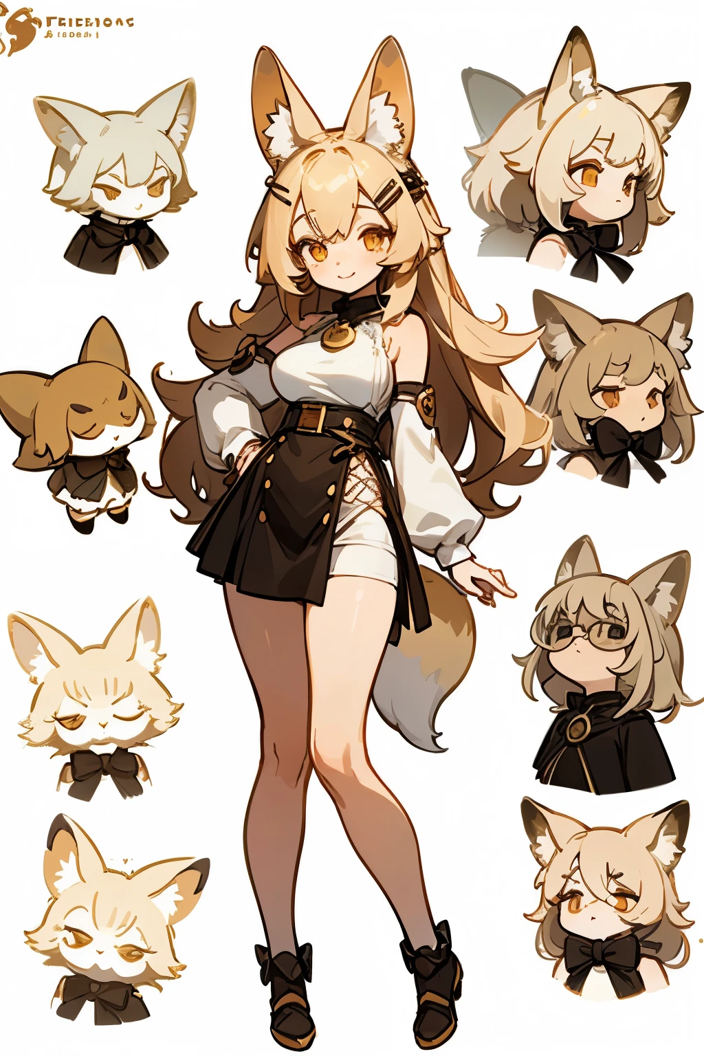 Character reference sheet, ref sheet, professional design, professional character design, game character design, white background, full body, cute clothes, bare shoulders, girl with shy face, smiling but shy, sweating a little, light cream hair, cream blonde hair, fox girl, fennec fox girl, long fennec ears, curvy body, small waist, tiny waist, beautiful fennec fox furry, long wavy hair, long flowing hair, mini shorts, mini dress, bare arms, modern clothing, modern dress, elegant, mini shorts, standing still, hair ornament, Hair Clip, Sunglasses, thicc, big breasts, adult women