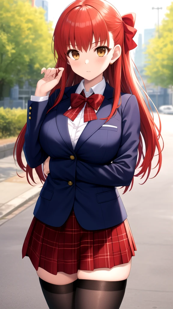 masterpiece, best quality, highres, girl, solo, looking at viewer, Shirou Emiya, Red hair, Brown Eyes, large breasts, Red bow, striped bow, blazer, blue jacket, long sleeves, plaid skirt, brown skirt, black thighhighs, outdoors, cowboy shot, standing, looking at viewer,