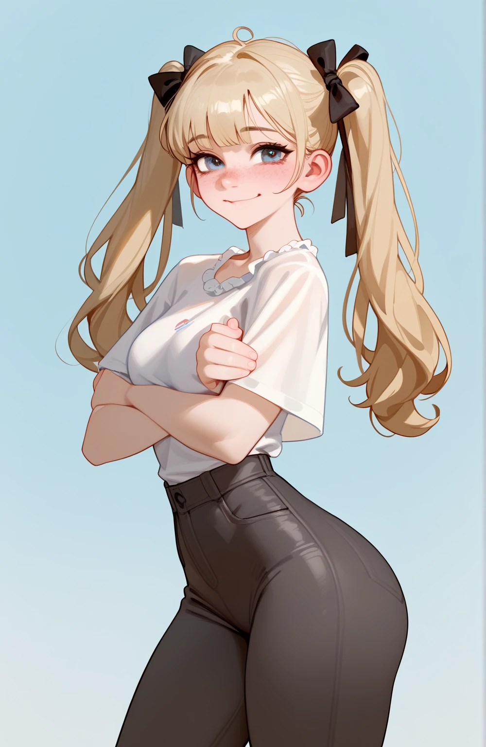 score_9,score_8_up,score_7_up,score_6_up,score_5_up,score_4_up,1girl, pretty girl, shy smile, blond hair, in twintails, pale skin,highly detailed face, cute nose, seductive, freckles, slim blouse, black pants ,big bust,wide hips,big ass,bubble ass,athletic legs,juicy ass,hot,horny,seductive sexual pose,uncensored
