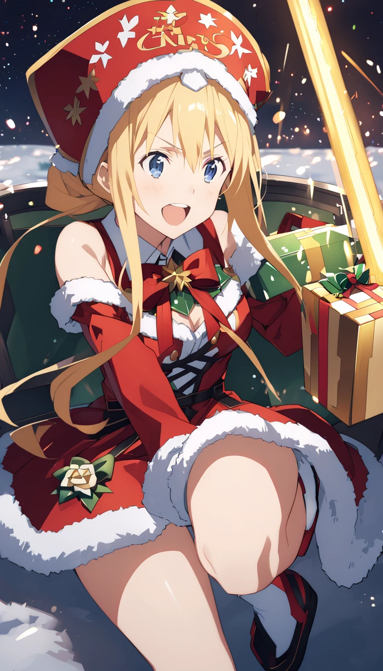 Alice in Christmas costume ,  excitedly opening a gift on her legs, sword art online, happy