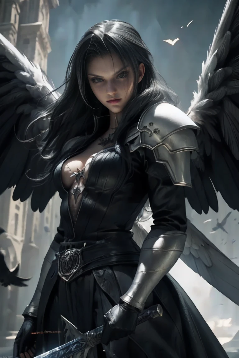 a woman in armor holding a sword and a sword, angel knight gothic girl, villainess has black angel wings, detailed fantasy art, angel knight girl, epic fantasy art style hd, 4k fantasy art, dark armor, stunning armor, hd fantasy art, deathknight, 8k fantasy art, highly detailed fantasy art, wow 4 k detail fantasy, dark angel