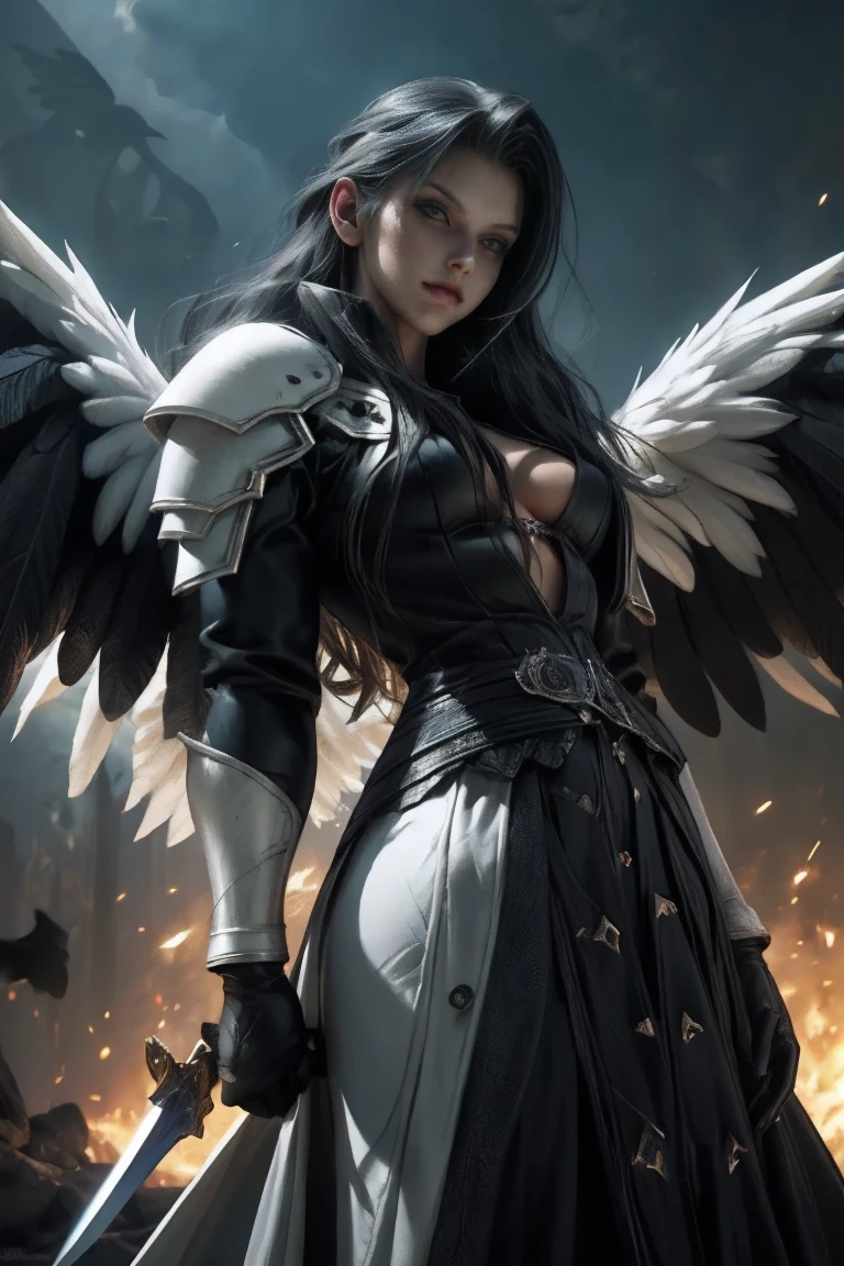 a woman in armor holding a sword and a sword, angel knight gothic girl, villainess has black angel wings, detailed fantasy art, angel knight girl, epic fantasy art style hd, 4k fantasy art, dark armor, stunning armor, hd fantasy art, deathknight, 8k fantasy art, highly detailed fantasy art, wow 4 k detail fantasy, dark angel