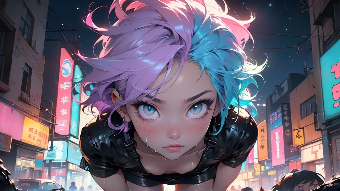 cute cartoon girl,(((1girl))),((extremely cute cartoon girl with liquid paint hair)),
(large breasts:1.4),(((very long hair,absurdly long hair,hair down to the waist,liquid paint hair:1.1,neon purple hair|neon pink hair|neon blue hair|neon aqua hair|purple hair|fuchsia hair|fluorescent blue hair|amethyst hair|neon hair|bright pink hair :1.5,bright hair: 1.3,hair made of paint and defies gravity,thick flowing,paint splatter:1.3,shiny hair: 1.3,vibrant colored hair))),((heterochromia:1.5, (purple_eye and pink_eye))),intricate eyes,beautiful detailed eyes,symmetrical eyeat)),(((lustrous skin:1.5,bright skin: 1.5,skin tanned,shiny skin,very shiny skin,shiny body,plastic glitter skin,exaggerated shiny skin,illuminated skin,wet legs))),(spider lower abdomen,narrow waist,wide hip,athletic body,inflated legs, thick thighs,detailed body,(detailed face)),
cute,slutty,seductive,erotic,(nsfw)
(((liquid paint clothes,clothes made of liquid paint,body paint))),underboob,with liquid paint micro clothes,body paint,dripping paint,liquid pain tiny thong,bare legs,((wet liquid paint clothes,detailed outfit,detailed liquid paint clothes)),
(dynamic pose:1.0),solo focus,embarrassed,(centered,scale to fit dimensions,Rule of thirds),
cyberpunk city by the ocean at night, with bright neon signs and dark stormy clouds and puddles, scenery:1.25,nighttime, starry night, cosmos,Very dark night that makes the neon lights stand out, very bright neon lights,nighttime, starry night, cosmos,
artistic photography,(photography taken by sldr),highres, sharp focus,(ultra detailed, extremely detailed), (photorealistic artwork:1.37),(extremely detailed CG unity 8k wallpaper),((synthwave background theme)),(((vibrant colors))),intricate,(intricate background),(masterpiece),(best quality),perfect rendered face,perfect face details,realistic face,photo realistic,analog style,((intricate detail)),(((realism))),