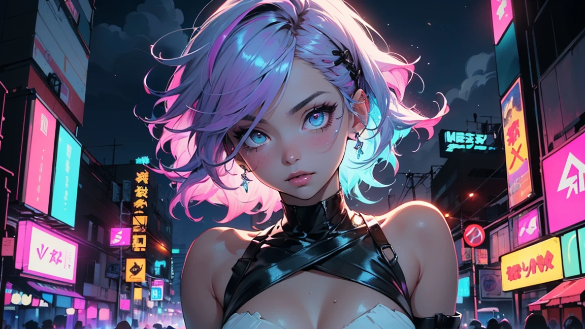 detailed textures, high quality, high resolution, high precision, realism, color correction, correct lighting settings, harmonious composition. Stunning anime girl with an intricate tattoo on her neck., radiating elegance and beauty.,in the style of neon realism, indigo and light black, Gothic modern, anime cat character design, dark white and indigo, bold but elegant, cyberpunk manga, in neon city, with neon lights,cat girl, detailed costumes --AR 3:4