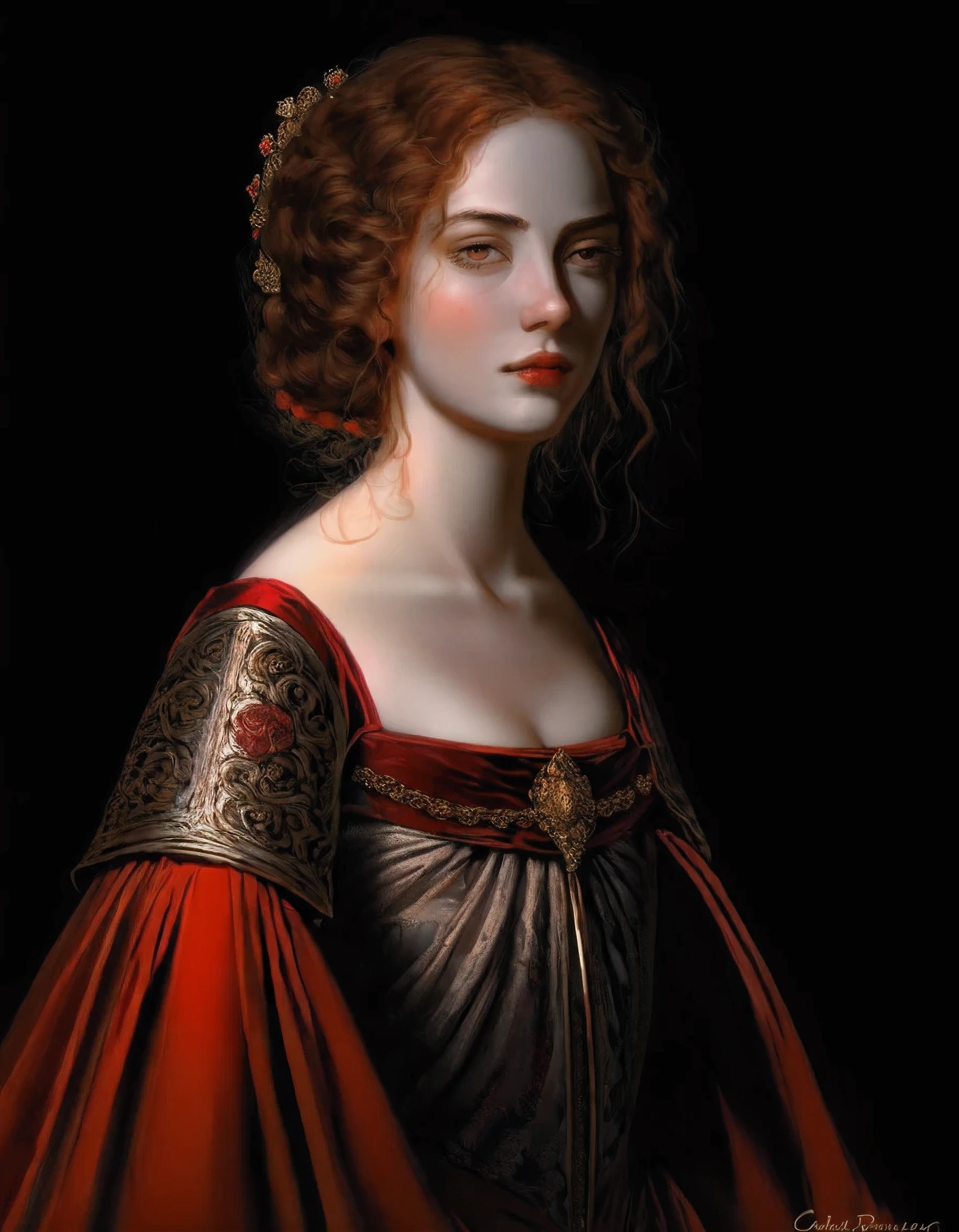 [shoulder portrait : young Lucrezia ]:[Dark Studio, Middle Ages, black background,  crimson  , renaissance, 16th century  , (( Guido Reni style))], perspective,  extreme detail,  Deep extraction 
