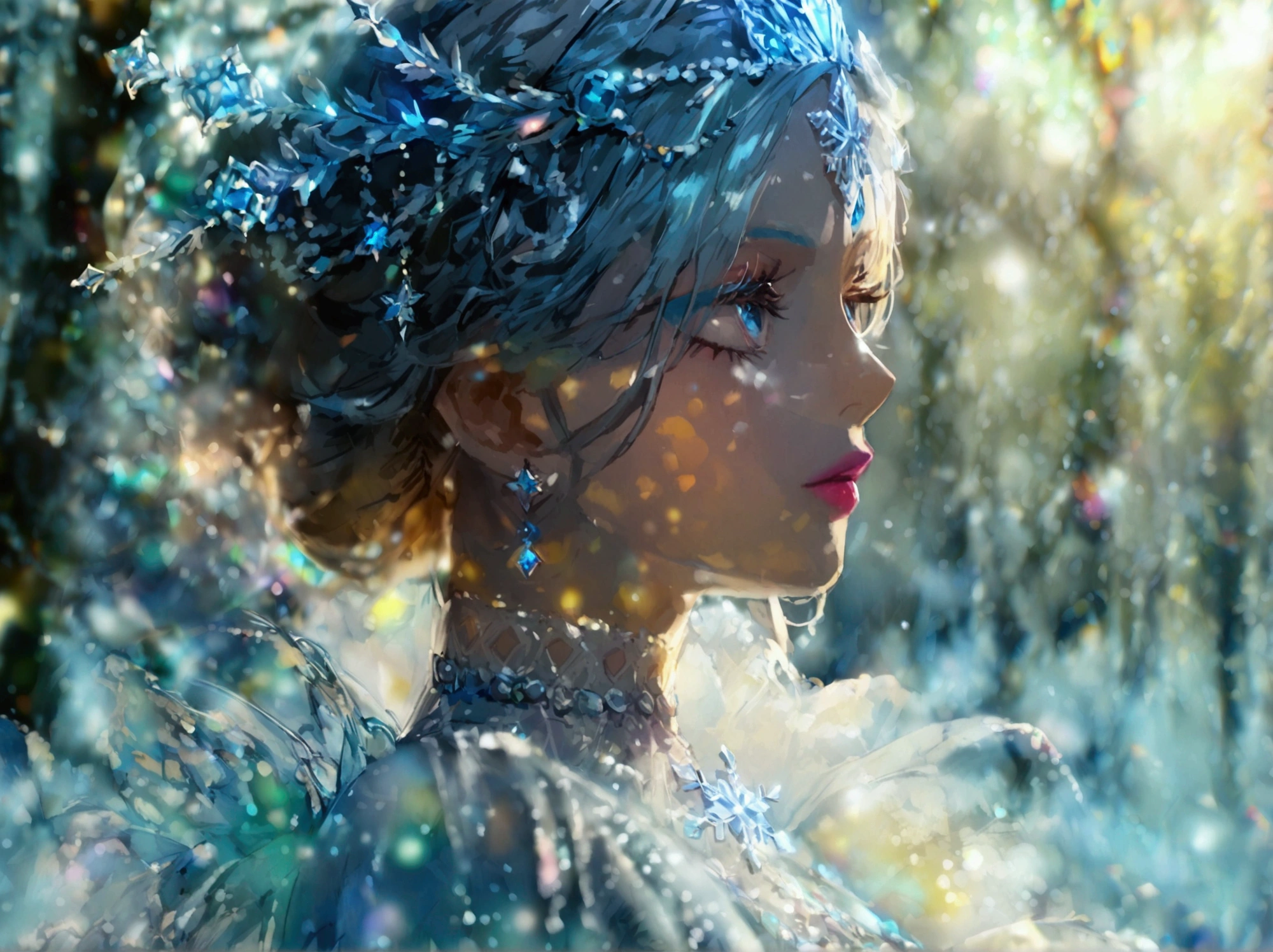 A beautiful snow queen in a winter wonderland, wearing an ice blue and silver gown adorned with sequins, a flared skirt made of tulle, and a delicate lace blouse. She has a sparkling tiara and snowflake hairpins, with elegant silver jewelry. Her makeup features icy blue eyeshadow and a soft pink lip color. The background is a snowy landscape with Christmas trees, softly lit by winter sunlight, creating a magical atmosphere. High detail, portrait style, shallow depth of field.