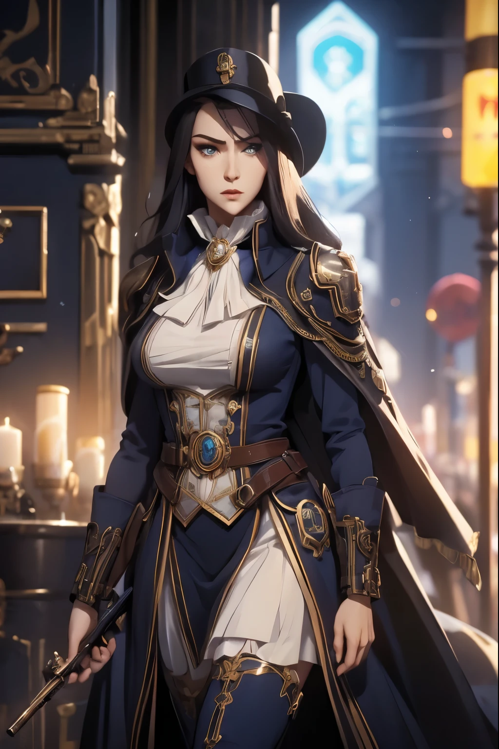 A tall, slender character with a poised and elegant demeanor. Caitlyn has long, dark hair styled neatly and piercing blue eyes filled with determination. She wears a sophisticated outfit blending Victorian aesthetics with steampunk elements, featuring a high-collared coat, intricate patterns, and polished boots. Often seen holding her signature rifle, her presence exudes confidence and precision. Set against a glowing neon city backdrop, her composed and regal aura stands out amidst the vibrant chaos.