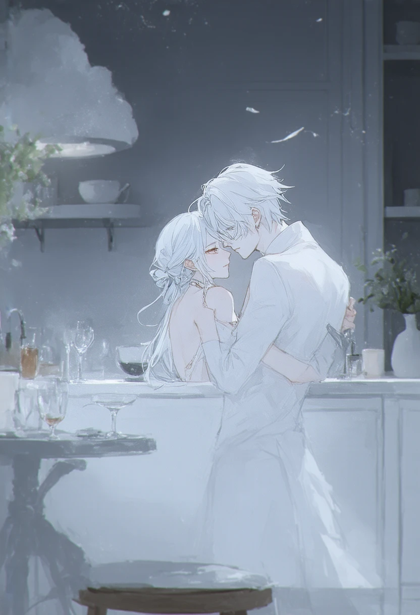 Create an anime character, a boy with white hair and a girl with white hair and blue eyes. they are beijando in the kitchen while the man is sitting on the counter, beijando, jovana rikalo, casal, by Emma Andijewska, lizard rei / rainha perdoando, camisa, Bonita, ❤🔥🍄🌪, marei out, tumblr, Imagem de perfil, lindo, macia rainha do diabo madison beer, foto de perfil, rei