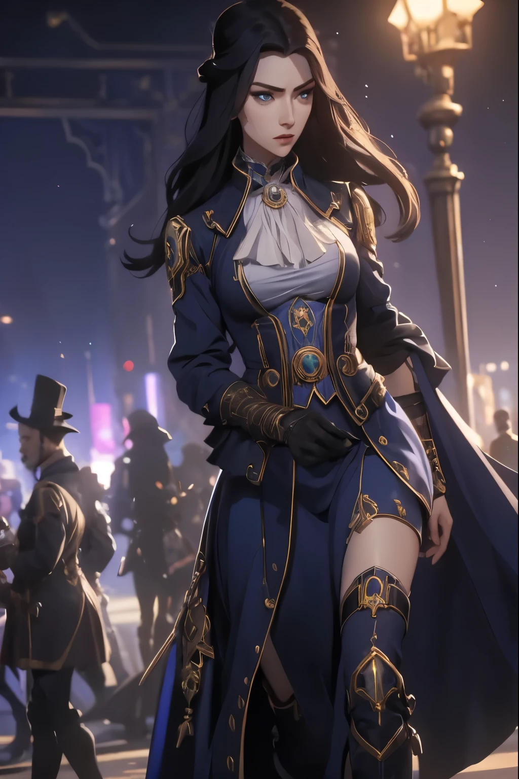 A tall, slender character with a poised and elegant demeanor. Caitlyn has long, dark hair styled neatly and piercing blue eyes filled with determination. She wears a sophisticated outfit blending Victorian aesthetics with steampunk elements, featuring a high-collared coat, intricate patterns, and polished boots. Often seen holding her signature rifle, her presence exudes confidence and precision. Set against a glowing neon city backdrop, her composed and regal aura stands out amidst the vibrant chaos.