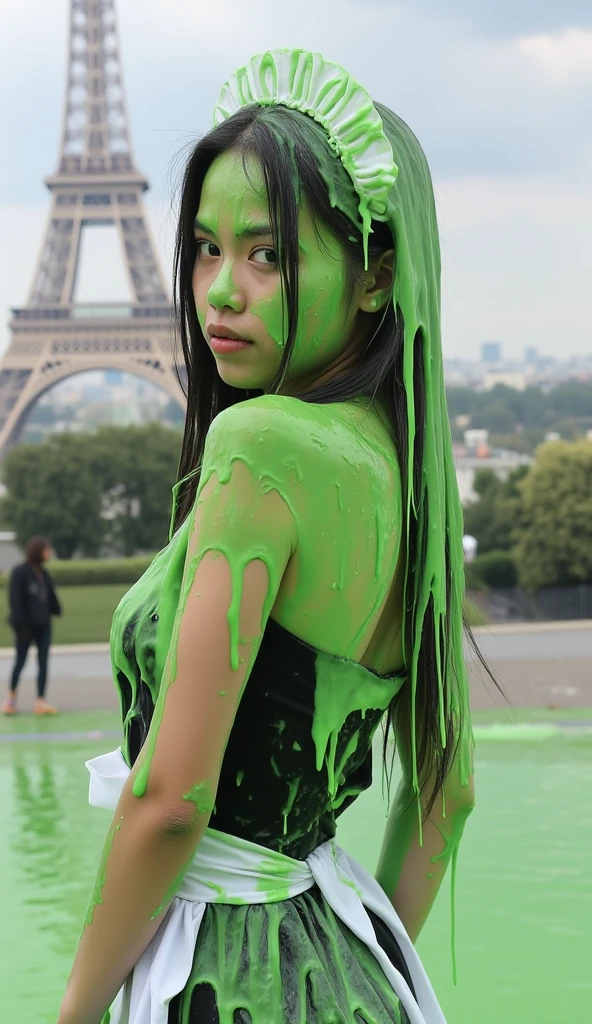 Cinematic photograph of Indonesian girl covered in green slime. (Photorealistic: 1.1). Glistening liquid. Green slime. Slime. Wet. Raw photo. Indonesian girl. (Indonesian: 1.1). (Wearing French maid costume: 1.1). Short skirt. Cleavage. Black hair. Outside Paris. Eiffel Tower in background. Film photo. Winged black eyeliner. Monolid. Custard. Black eyeshadow. Long gorgeous legs. Legs crossed. Looking back over shoulder.