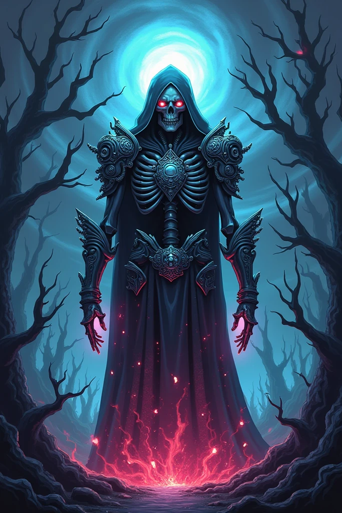 "A highly detailed and intense depiction of a terrifying necromancer, mid-shot and dramatically captured in ultra-detailed 8k wallpaper, showcasing intricate complexity."