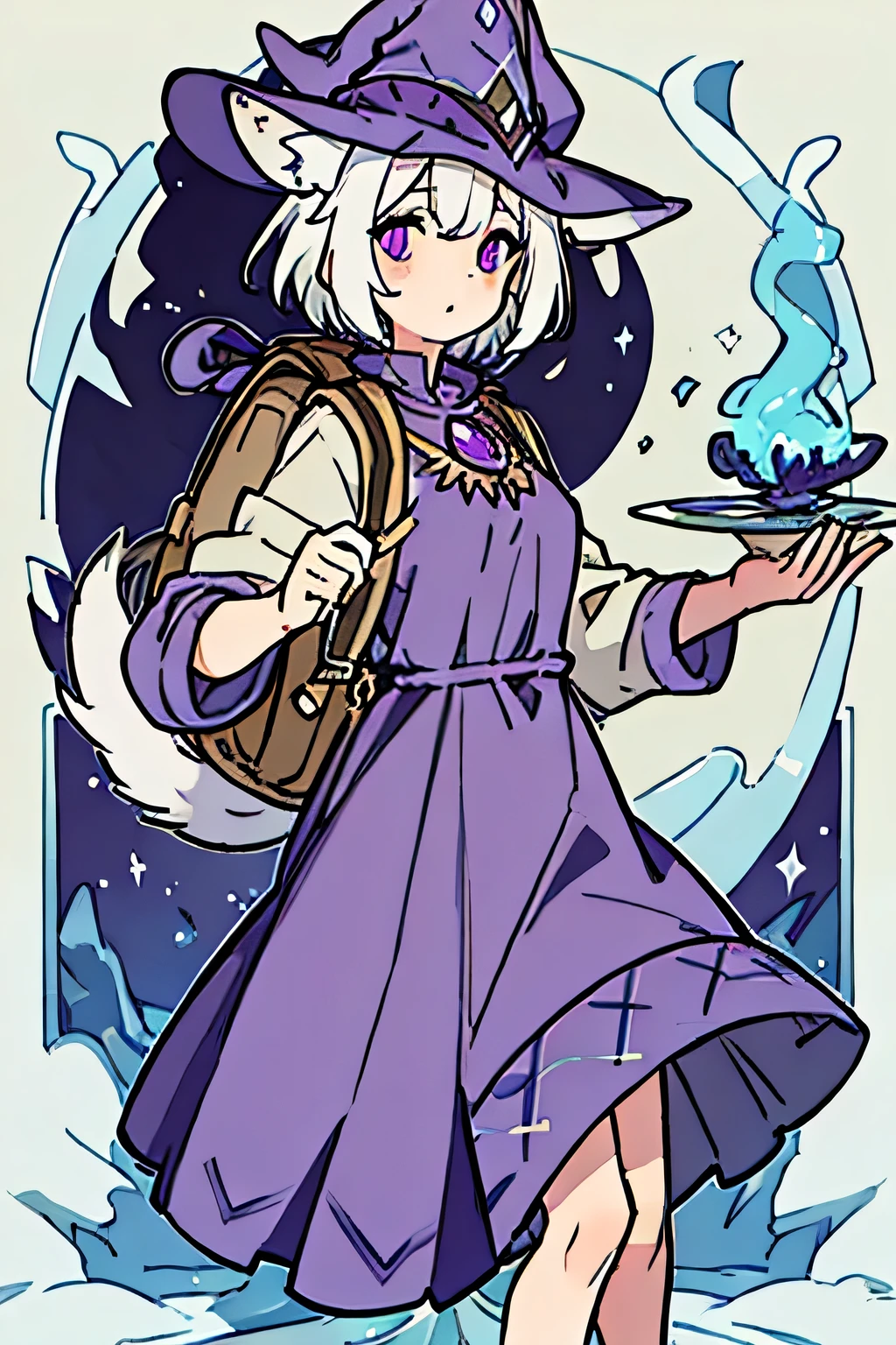 (( style better quality)), (( masterpiece)), (Detailed), a girl with wolf ears , with support, with white hair , purple eyes, wearing a purple sorceress hat , short in height , round purple lenses , nervous, a beige backpack and a long purple dress
