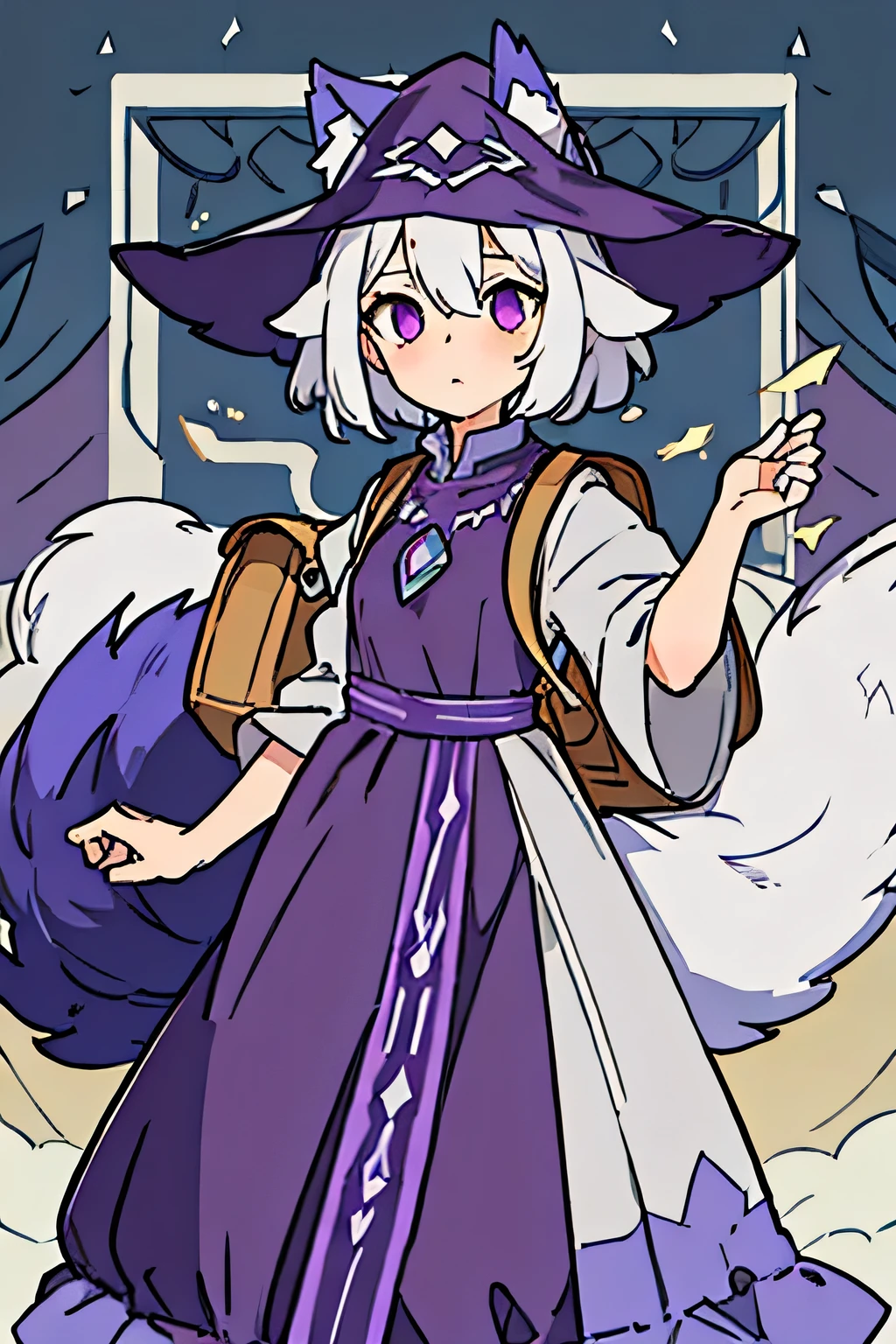 (( style better quality)), (( masterpiece)), (Detailed), a girl with wolf ears , with support, with white hair , purple eyes, wearing a purple sorceress hat , short in height , round purple lenses , nervous, a beige backpack and a long purple dress