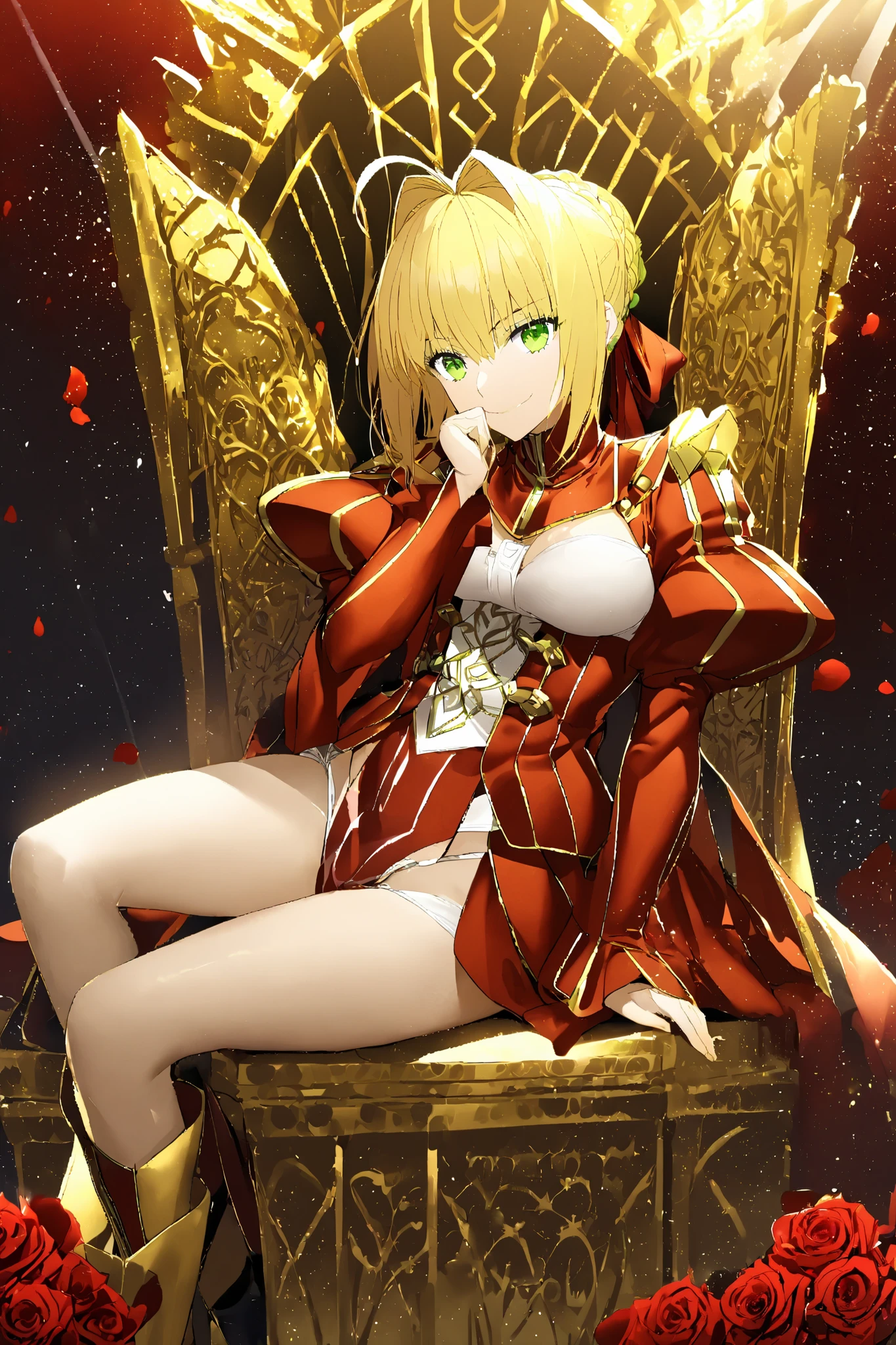 1girl, solo, nero claudius , fate grant order, fate stay night, blonde hair, green eyes, rose petals, sitting on a golden throne, smiling, resting his hand on his chin, open legs, gold boots, high boots 