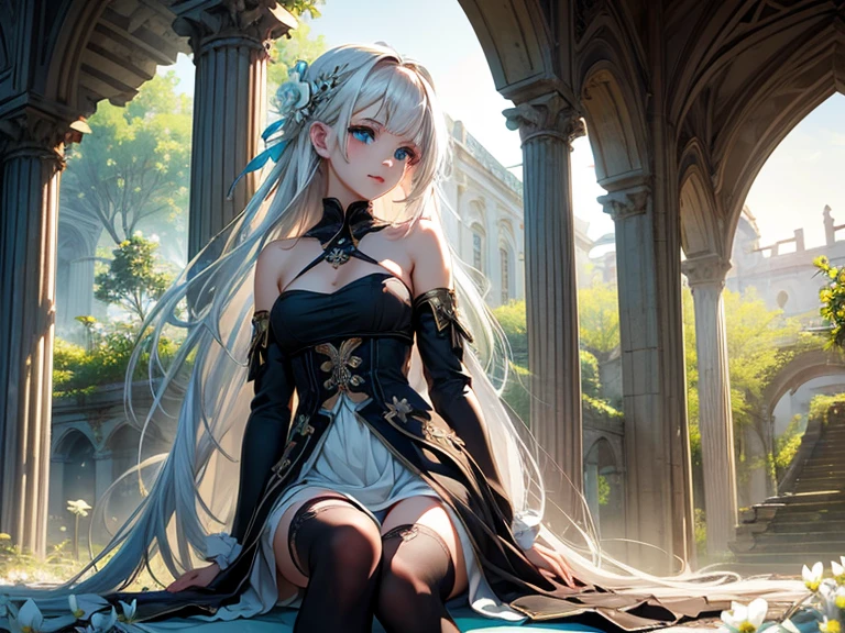 female pervert，ancient wind，flute，blackdress，Golden hairpin，Slightly bare shoulders，Royal sister，high and cold，Imperial Official，White ribbon，legs long，When turning around，Fairy air surrounds
