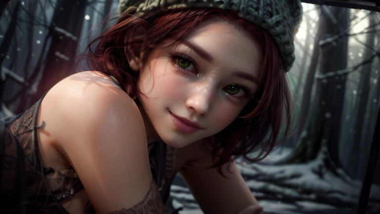 Short,  red hair ,  green eyes ,  metal-framed glasses, green, knitted hat,  bare shoulders are visible, smiling girl in the background of snowfall in the forest.