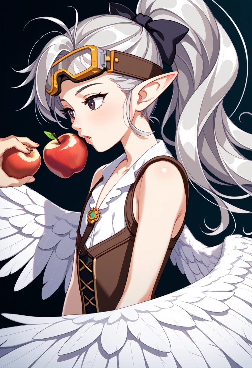 A girl snipping an apple in the distance with a bow　(one girl,　Featherfolk　big white wings from the back　 pointed ears　 Silver Hair　 dark eyes　Goggles on the eyes　 ponytail　 long hair　Archer's clothes　longbow　160cm　 slender 　 flat chested)　 holds a bow　View from behind　 fantasy world　anime style,　game CG,　 pixiv contest winner,　masterpiece,　best quality,　amazing quality,　very aesthetic,　absurdres,　newest,