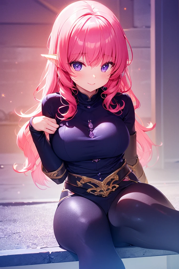 (extremely detailed CG unity 8k wallpaper, masterpiece, best quality, ultra-detailed), (best illumination, best shadow, an extremely delicate and beautiful), a cool, dynamic, young elven woman, long thick bubblegum pink curly hair, violet coquettish eyes, golden tan skin, sultry sweet smile, big chest, wide hips, thick thighs, black and purple skimpy leather outfit, seated on a stone bench on a balcony overlooking a twinkling fantasy city at night