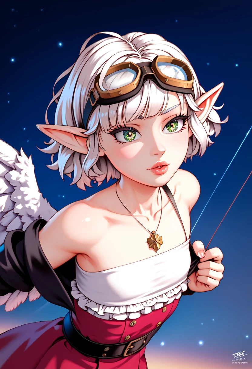 a young girl with long white hair, pointed ears, and goggles aiming a longbow at an apple in the distance, with large white wings protruding from her back in a fantasy world setting, 1 girl, featherfolk, detailed eyes, detailed lips, extremely detailed face and eyes, long eyelashes, slender figure, flat chest, archer's outfit, pulling back the bowstring, viewed from behind, anime style, game CG, (best quality,4k,8k,highres,masterpiece:1.2),ultra-detailed,HDR,UHD,studio lighting,extreme detail description,vivid colors