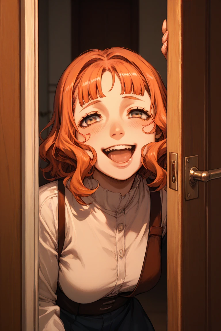  Yandere Mimosa Vermillon broking through a door with an axe, facing the camera, Yandere smile, laughing