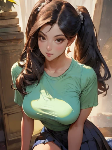 1girl, very long wavy hair, high twintails, detailed face, looking at viewer, (nose blush:1.2), full breasts, (very short sleeve t-shirt:1.2), pleated micro skirt, thigh, indian, (saree:0.8), (gorgeous:1.2), apsara, maharani, royal queen, nymph, hindu mythology, urvashi, highly detailed, oil painting, captivating, heavenly, celestial, realistic, hyper realistic, incredible artwork, insane details, ultra high resolution, masterpiece, realism, baroque, renaissance, best quality, gigantic breasts,