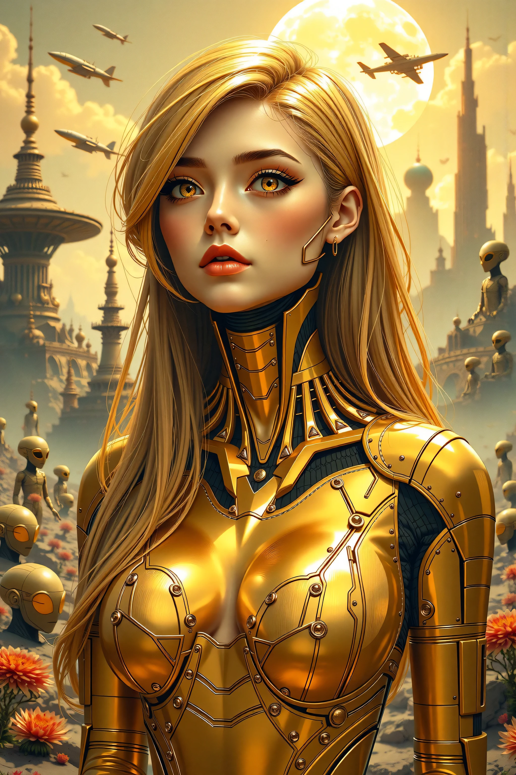 there is a woman standing in front of a large group of aliens, inspired by Volkan Baga, beautiful female warrior, amanita, protagonist in foreground, megadeth, red gold color palette, miles johnstone, with a crown of skulls, armor girl, in the technique of old masters, widescreen shot, mantra rendering, gilded lotus princess, dieselpunk --auto --s2