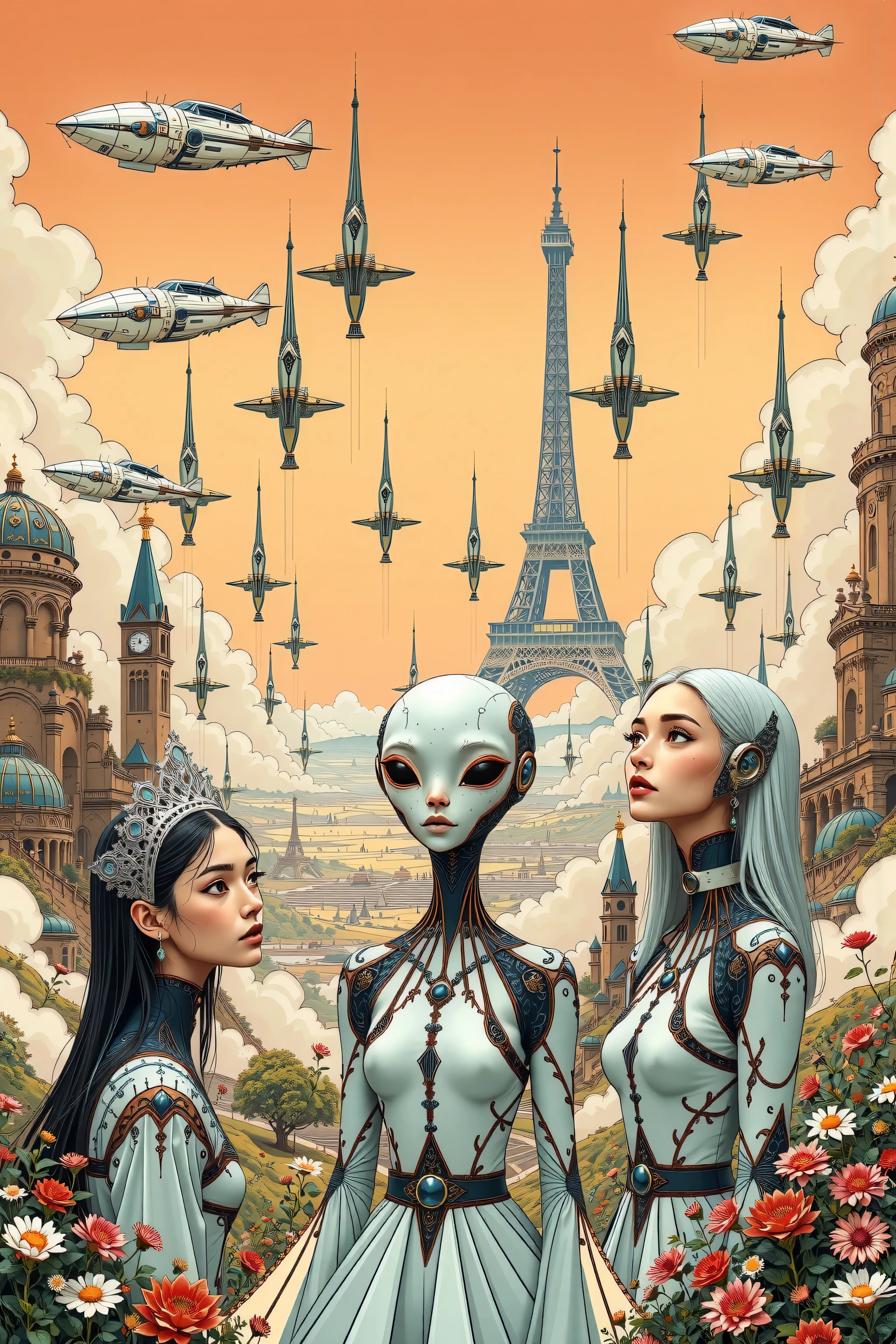 ((best quality)), ((masterpiece)), (detailed), perfect face, surreal, art nouveau, in the illustrative style of moebius, spaceships, aliens, fantasy, sci-fi, graphic novel, line drawing, french retro,