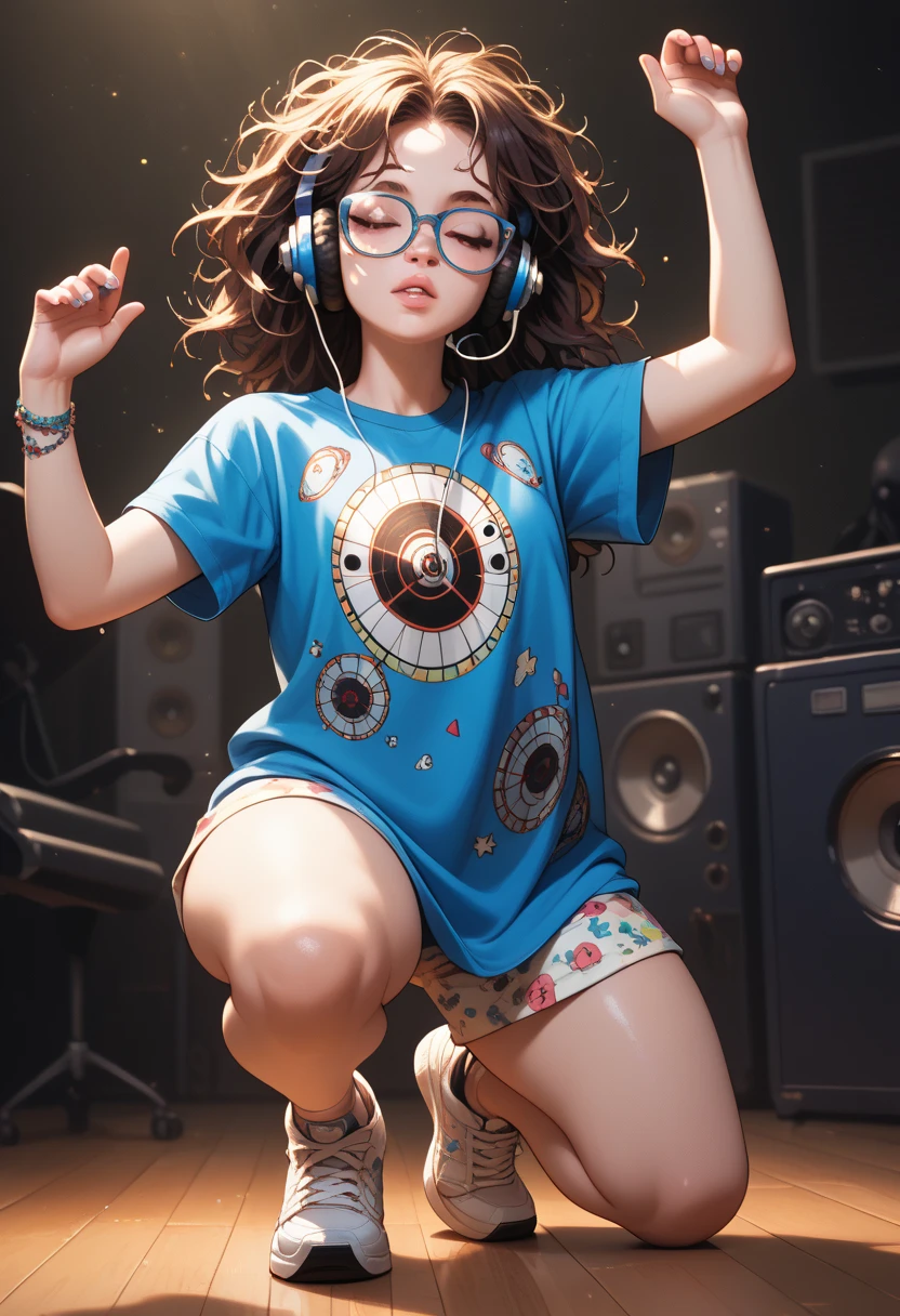 1 woman,Alone, messy long hair print 
And blacks, glasses, headphones, blue shirt with  , short dolphin amarelo, white sneakers,  thick thighs , dancing, movement,  technicolor, tom pastel, radiation