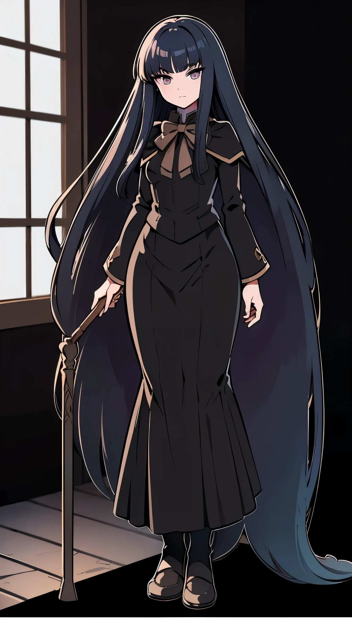 Medieval European style building, Inside the night Ruins, anime style, 1femail, ultra high res, Best quality, ultra detailed, wearing black mage robe, standing, have a staff use right hand, full body shot, break ideal ratio body proportions, clear detailed face, high nose(1:2), large mouth, break a strong female character with broad shoulders, straight long hair, 8k, masterpiece, dark eyelashes