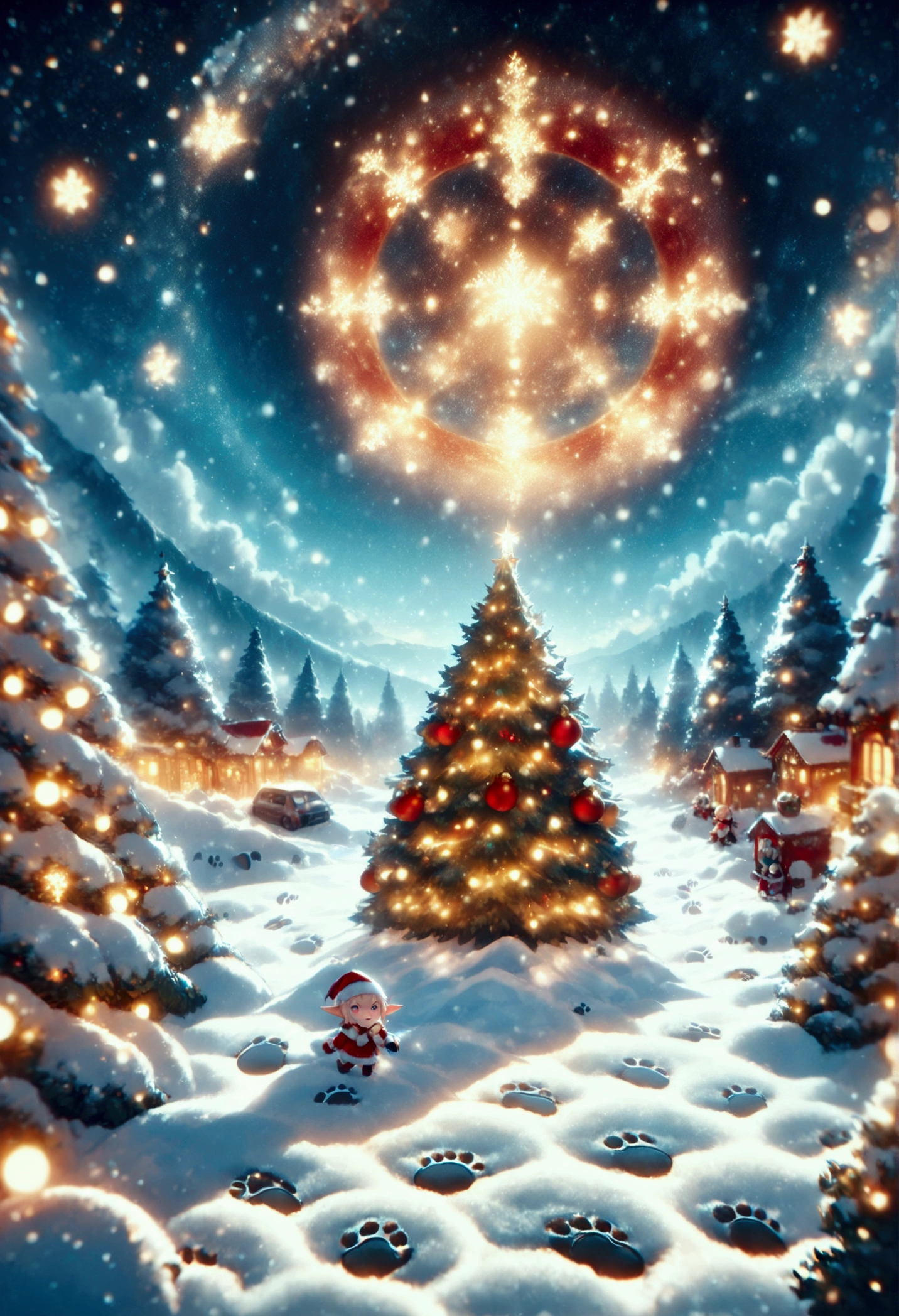 
6+elf\(Cute, (chibi:1.3), fairy elf, living on the snow,Decorating the Christmas tree.\), in the (Christmas:1.3) forest, beautiful ornaments,ChristmasWintery, snowy starry night, (many footprints of elf:1.4). BREAK .quality\(8k,wallpaper of extremely detailed CG unit, high resolution, top-quality, top-quality real texture skin, hyper realistic, increase the resolution, RAW photos, best quality, highly detailed, the wallpaper, golden ratio, high saturation realism, vibrant colors, dramatic lighting, persuasive storytelling, atmospheric scenery, captivating visuals, intricate details, strong emotions, dreamlike world\),landscape,,(from above:1.4)