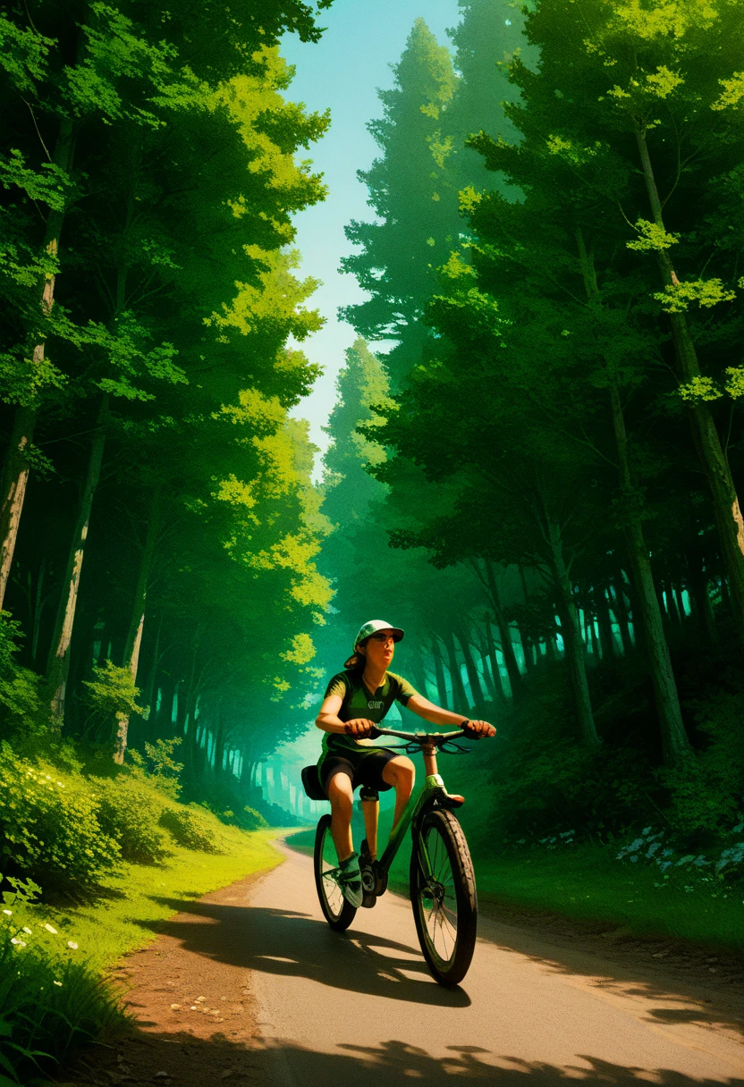 (: 1.5), (realistic : 1.5), (realistic cyclist: 1.5),  cyclist with his back in the foreground, Lofi landscape , nature, ,  forest, cleaning,   undergrowth, landscape background, shadows, contrast, Makoto Shinkai ( best quality:1.3), ( highres icon:1)  Studio Ghibli style art , vibrant colors, Impressionism