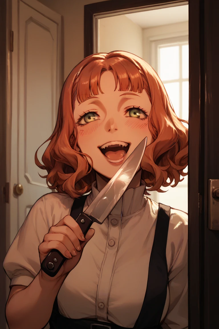  Yandere Mimosa Vermillon broking through a door with an axe, facing the camera, Yandere smile, laughing, holding a big knife