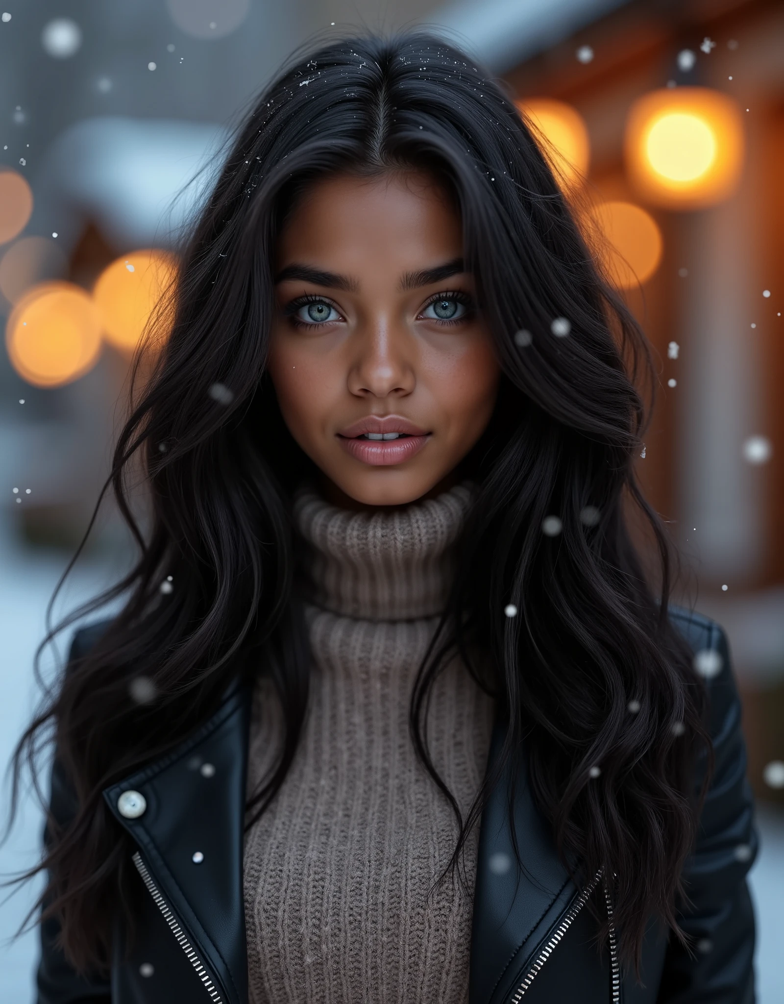 gorgeous Ebony Girl wearing a turtleneck sweater and a leather jacket, light blue jeans, dark hair, perfect blue eyes, winter, whimsical, intricate brush strokes, beautiful lighting, intricate details, Unreal Engine, creative, expressive, detailed, colorful, digital art, unique, HW*, amber twinkle lights in background, sunset, snowing